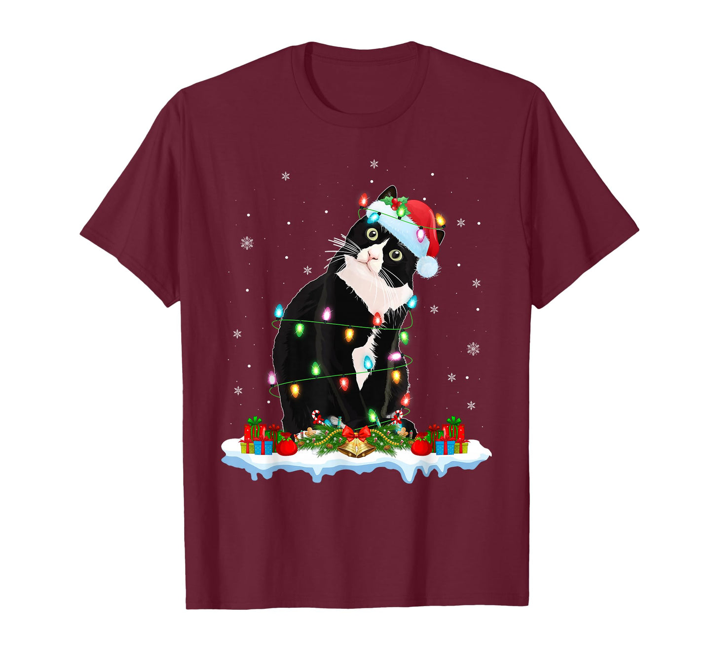 Black Cat Christmas Lights Funny Santa Hat Black Cat Xmas T-Shirt