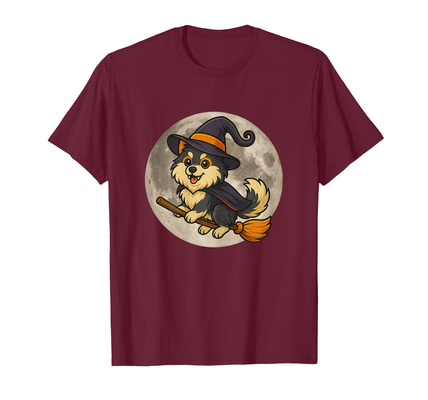 Pomsky Witch Halloween, Cute Dog Flying on Broom T-Shirt