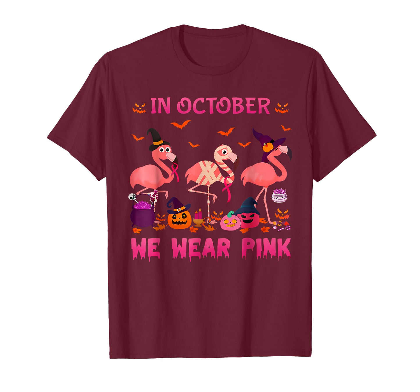 in October We Wear Pink Flamingo Halloween Breast Cancer T-Shirt