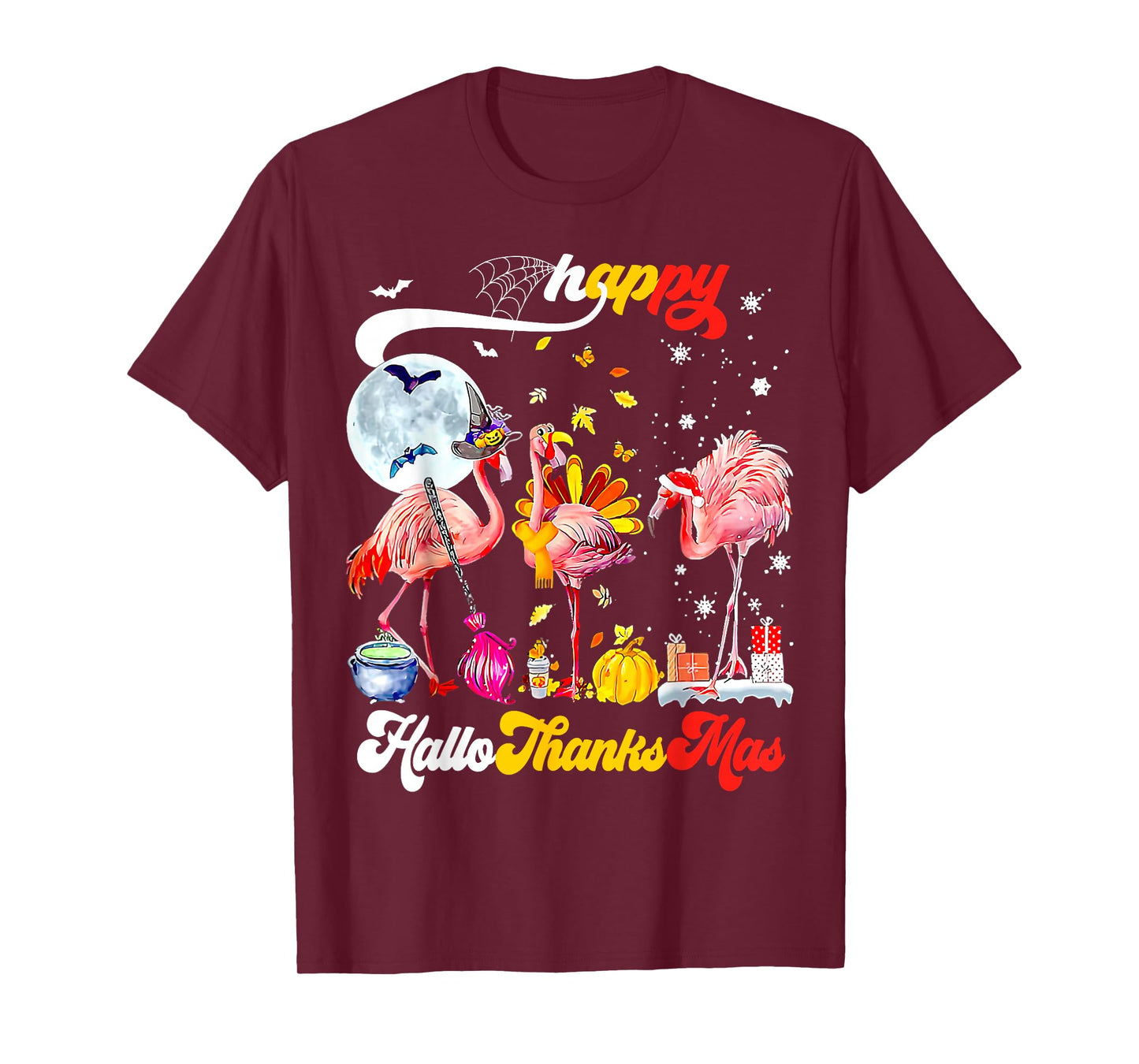 Flamingo Happy HalloThanksmas Halloween Thanksgiving Xmas T-Shirt
