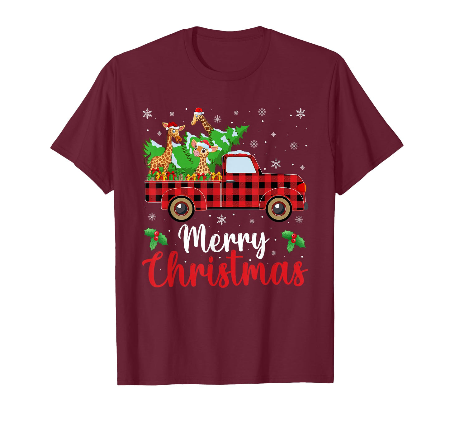 Giraffe Christmas Tree Truck Buffalo Plaid Xmas Christmas T-Shirt