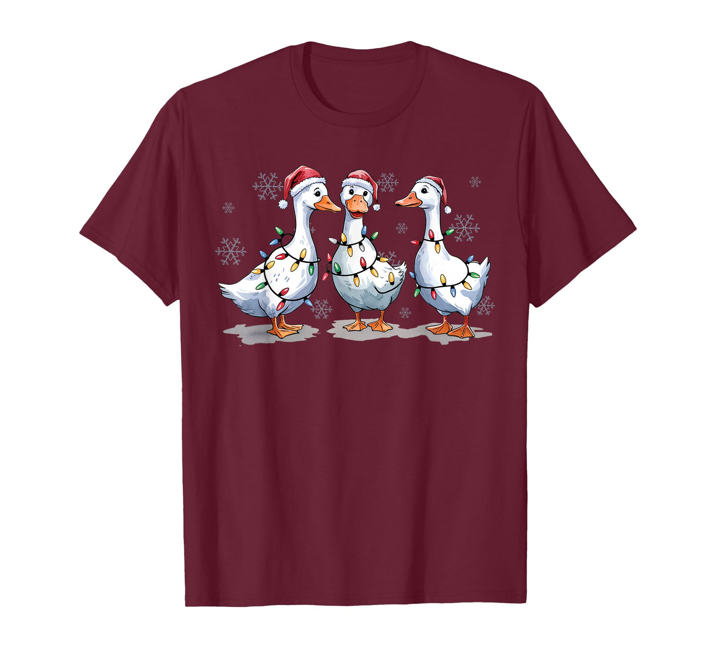 Funny Christmas Goose Lights Santa Hat Snowflakes Holiday T-Shirt