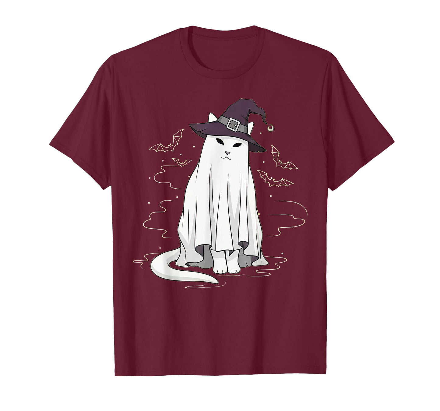 Cat Ghost White Sheet in Purple Witch Hat for Halloween T-Shirt