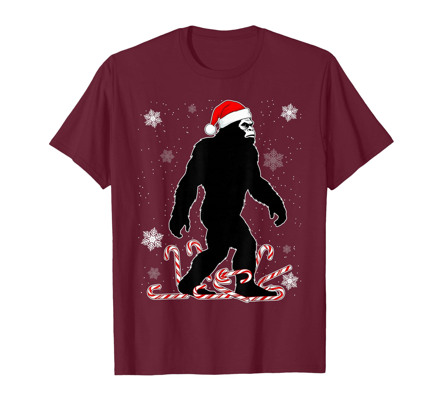 Funny Christmas Bigfoot with Santa Hat Carrying Candy Canes T-Shirt