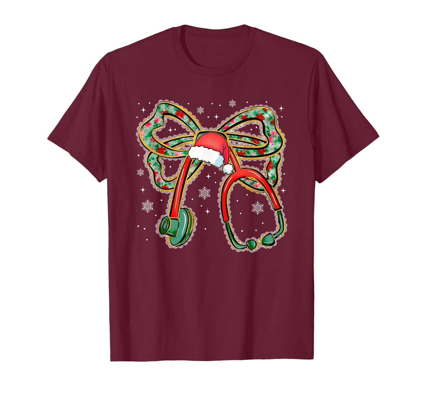 Christmas Floral Bow Lace Stethoscope Nurse, Xmas RN Nurse T-Shirt