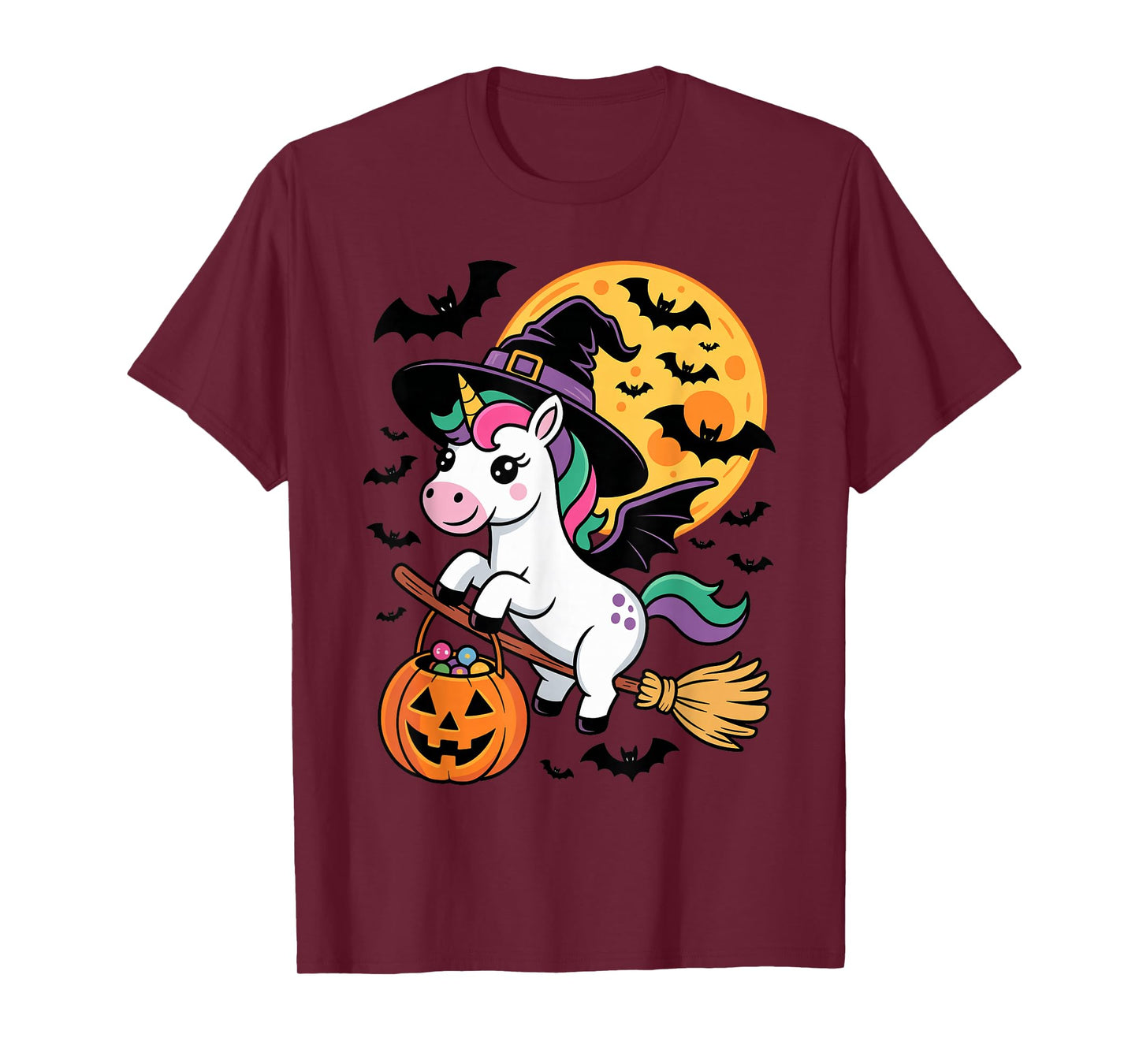 Kawaii Unicorn in Witch Hat on a Broom Halloween Costume T-Shirt