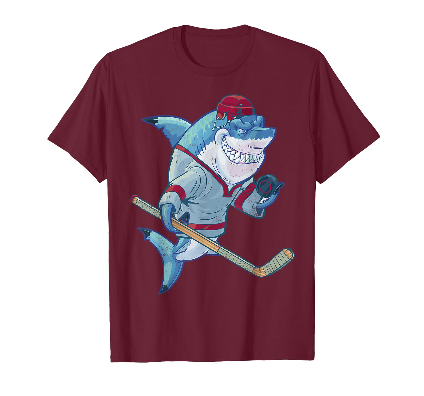 Hockey Shark With Stick Helmet Puck Funny Sharks Lover T-Shirt