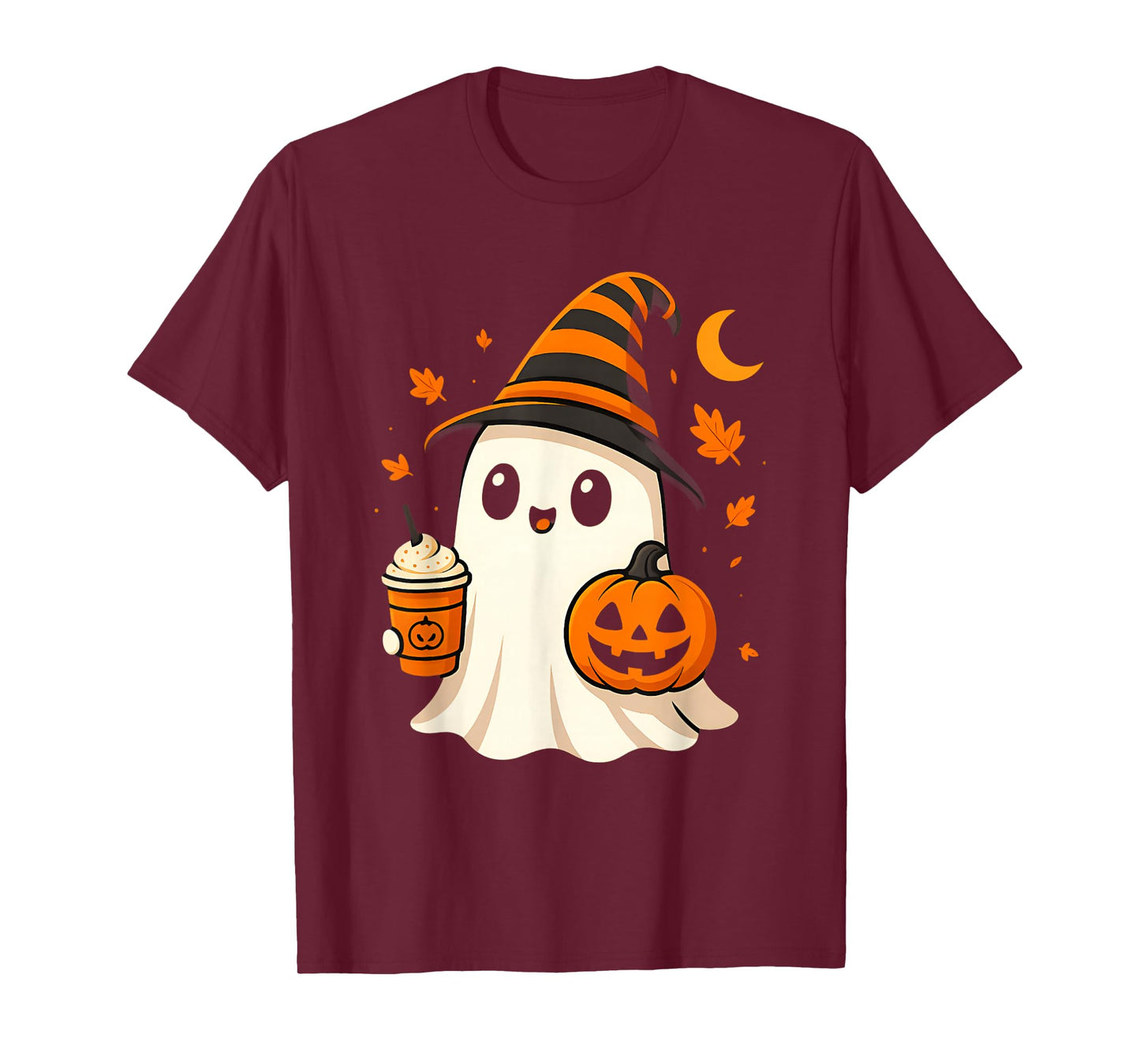 Cute Ghost Drinking ice Coffee Funny Halloween Pumpkin T-Shirt