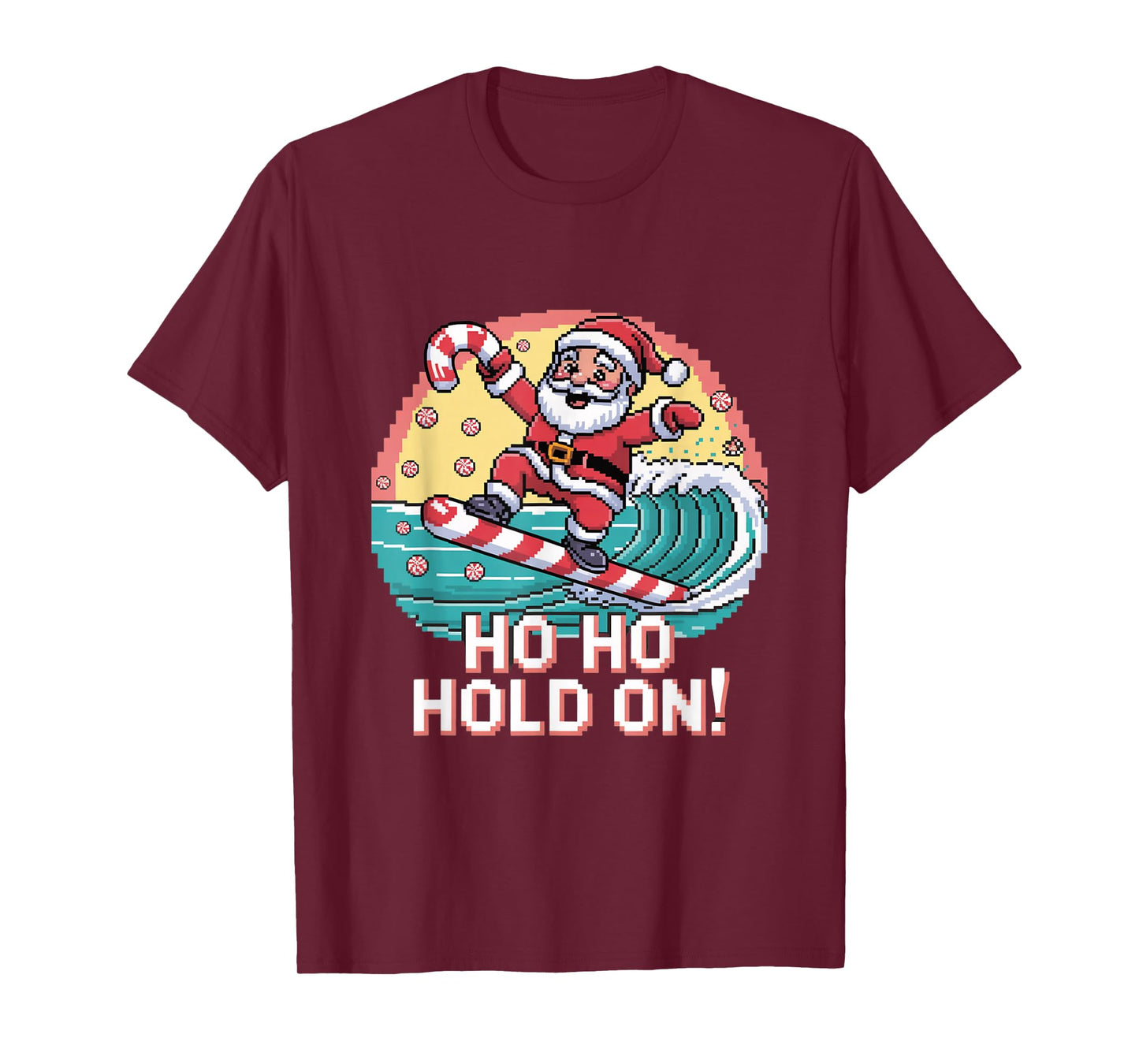 Ho Ho Hold On Pixel Santa Surf Design T-Shirt