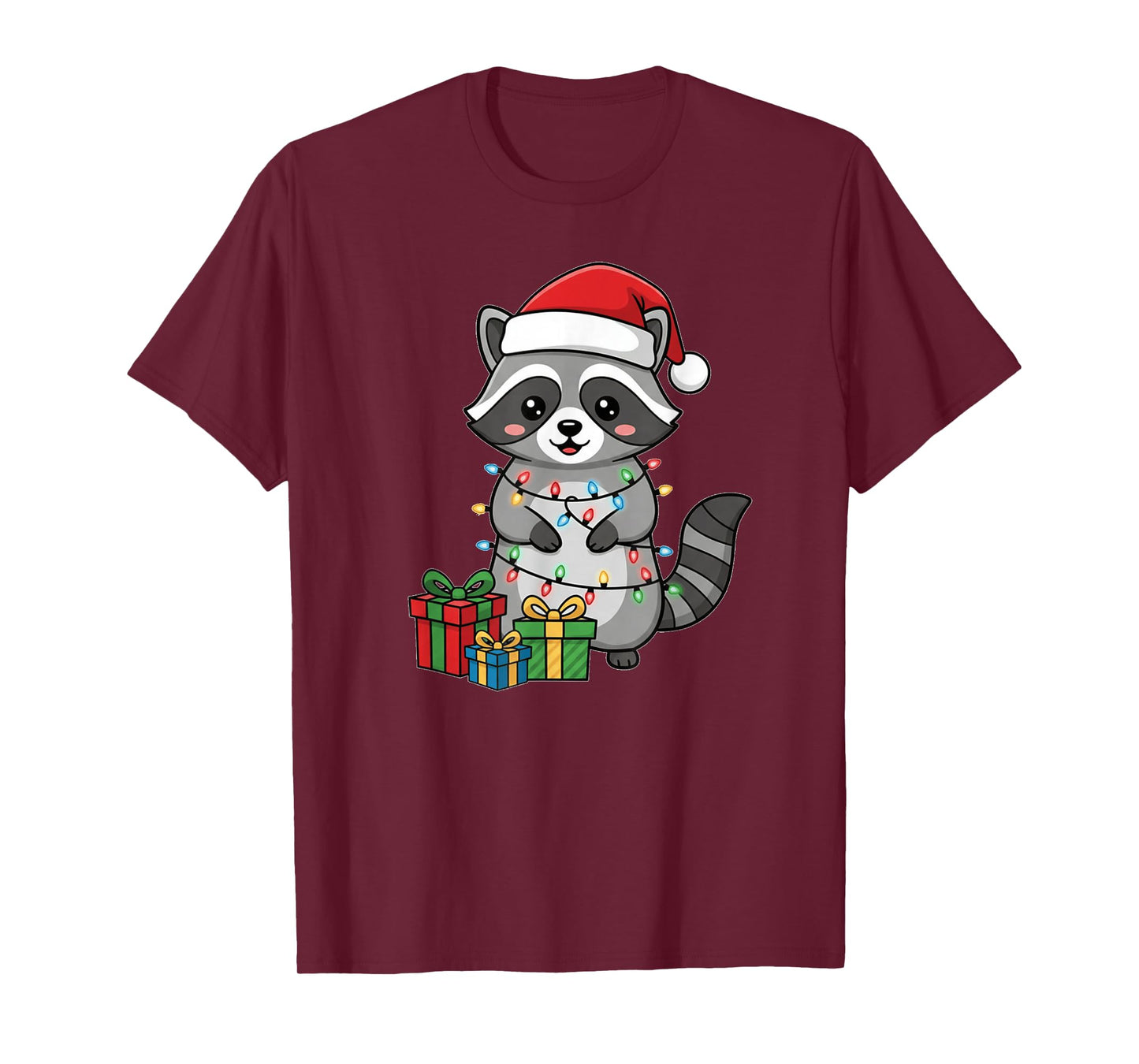 Christmas Raccoon Cartoon Cute Chibi Kawaii Santa Hat Lights T-Shirt