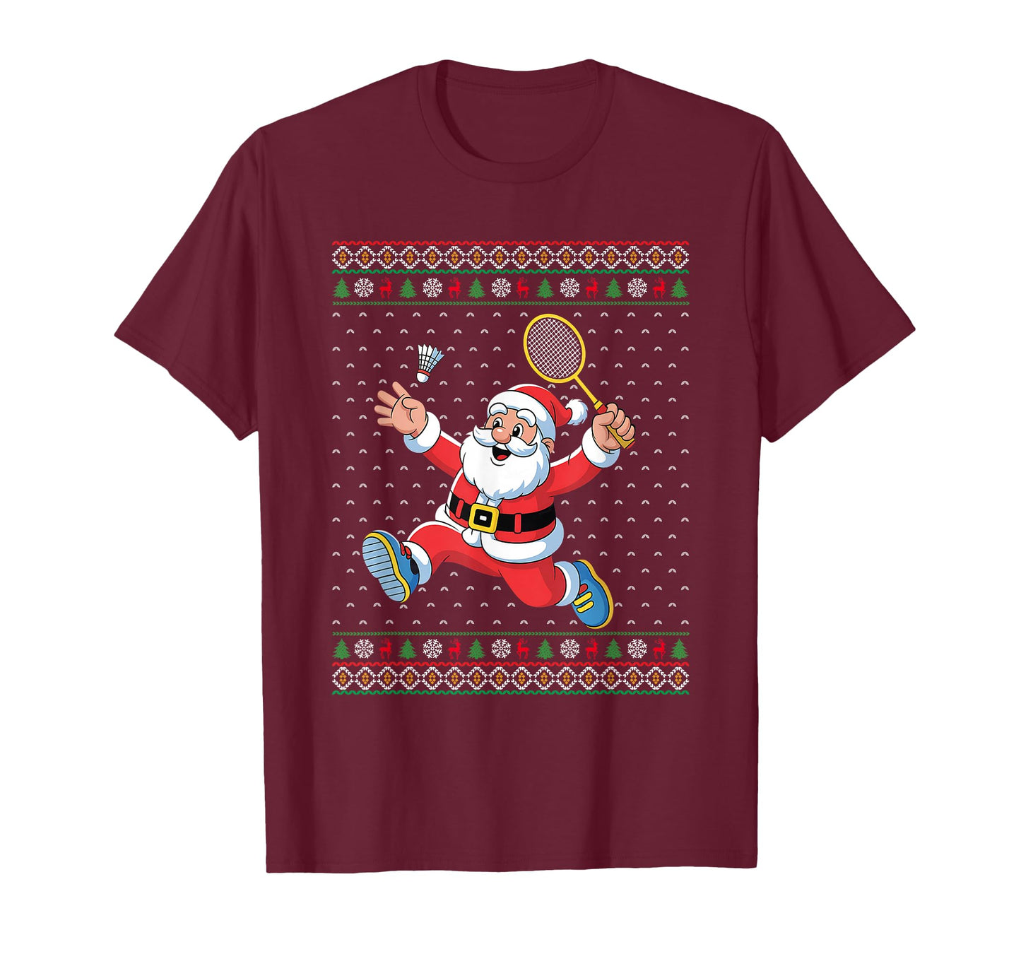 Santa Playing Badminton Sports Funny Ugly Christmas T-Shirt