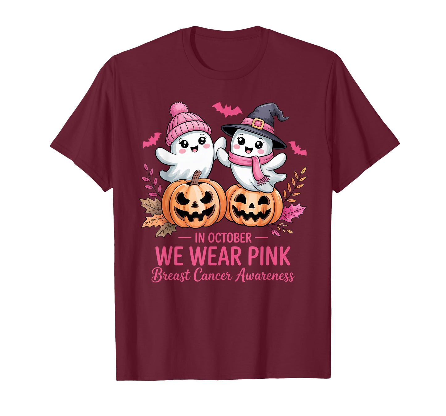 in October We Wear Pink Ghost Witch Breast Cancer Awareness T-Shirt