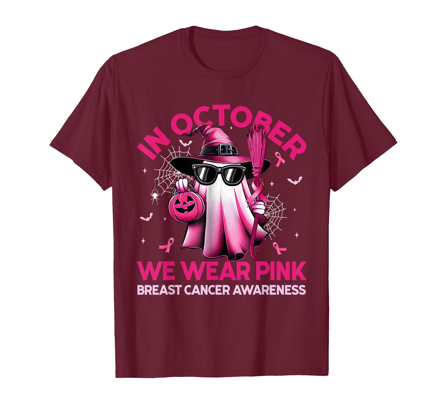 in October We Wear Pink Ghost Witch Breast Cancer Awareness T-Shirt