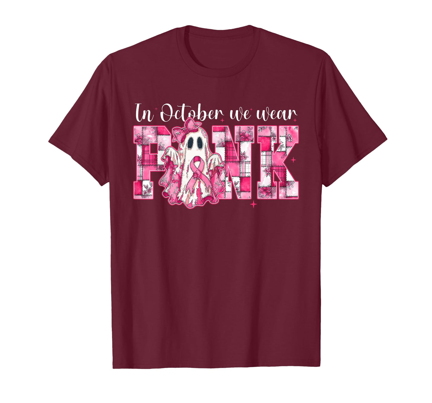 in October We Wear Pink Ghost Witch Breast Cancer Awareness T-Shirt
