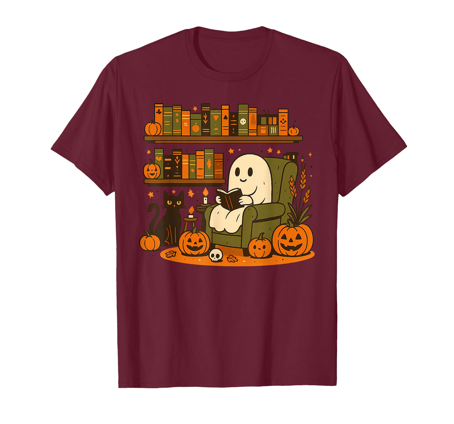 Ghost Library Reading Books Halloween Men Women Kids T-Shirt