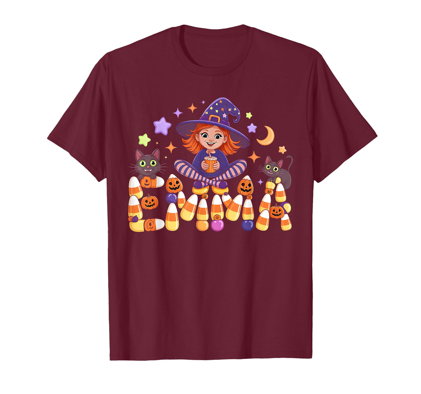 Emma Witch Candy Corn Cat Halloween Women and Girls T-Shirt