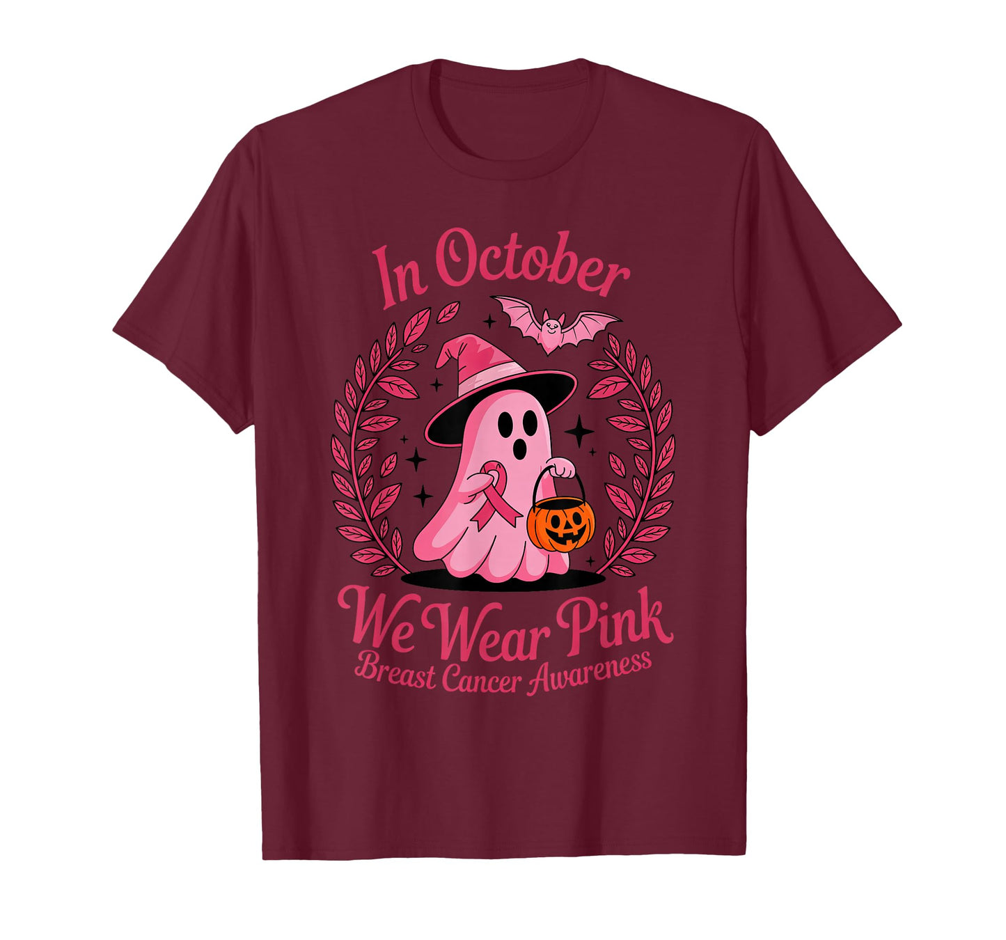 Halloween Ghost Witch Breast Cancer Awareness Pink Ribbon T-Shirt