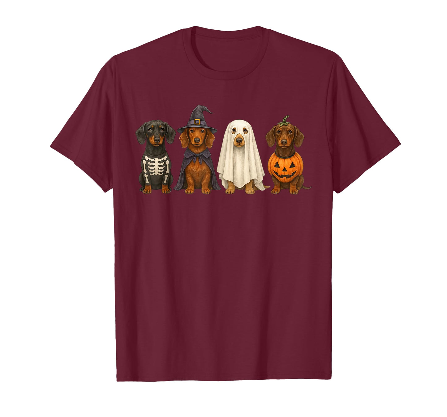 Dachshund Dogs Halloween Witch Ghost Pumpkin Art T-Shirt
