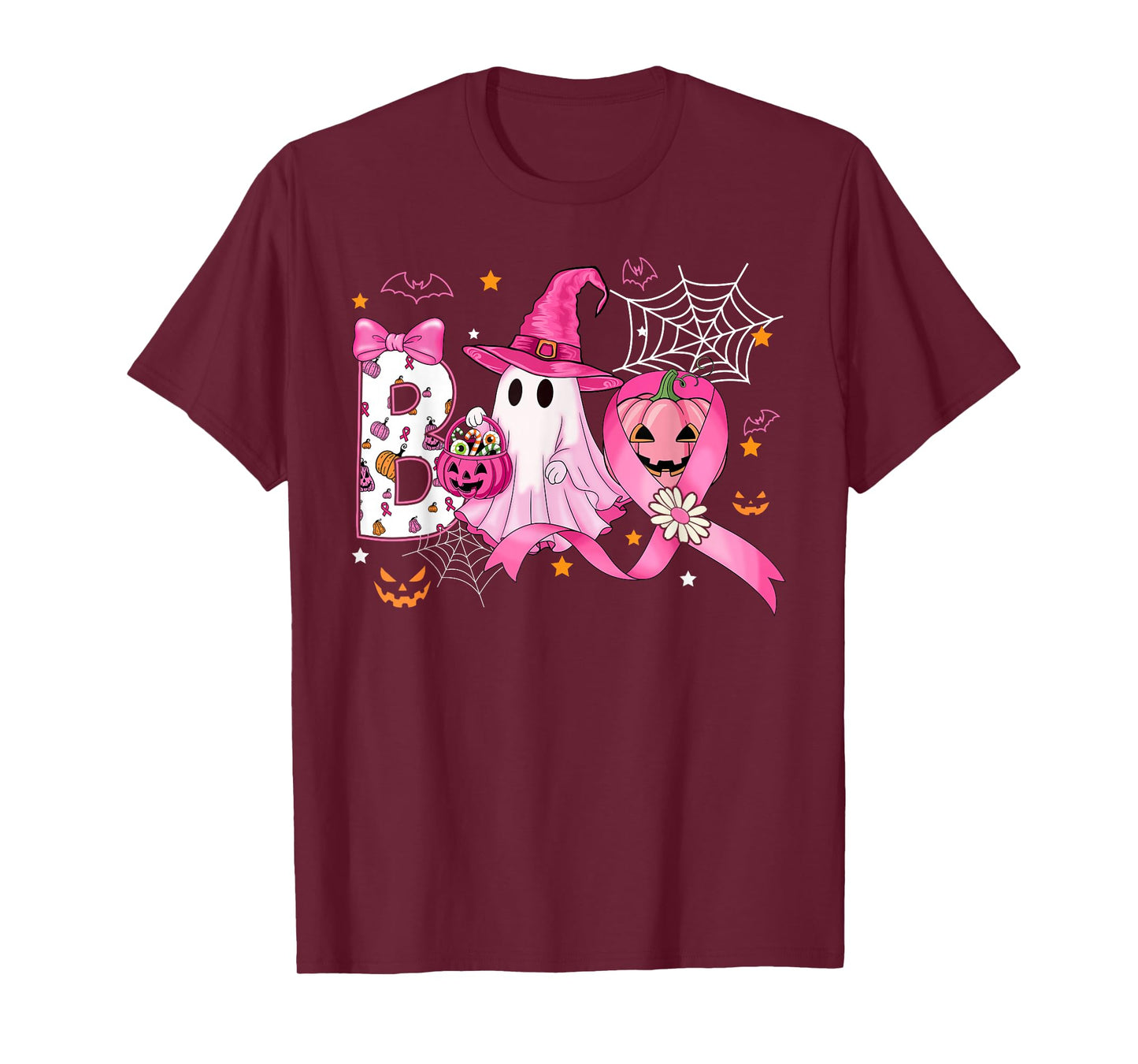 Ghost Halloween Breast Cancer Awareness Boo Witch Ribbon T-Shirt