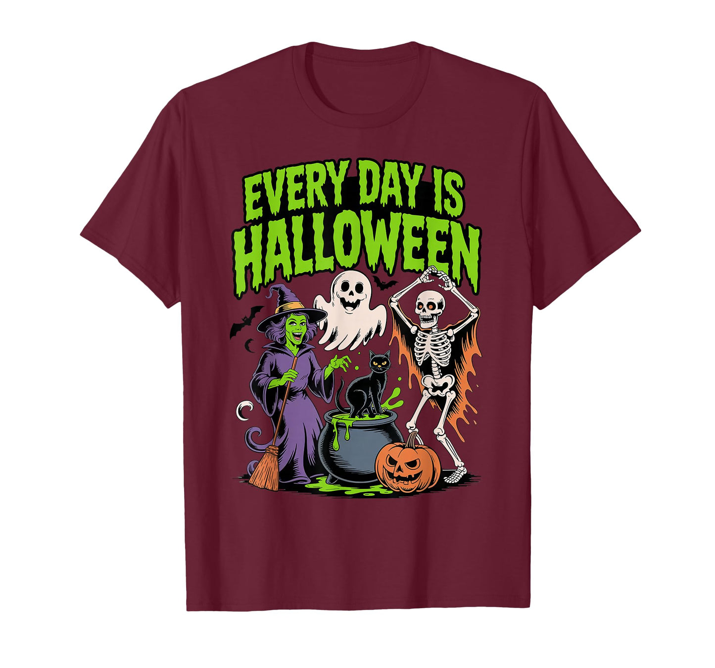 Every Day is Halloween Funny Witch Skeleton Ghost Black Cat T-Shirt
