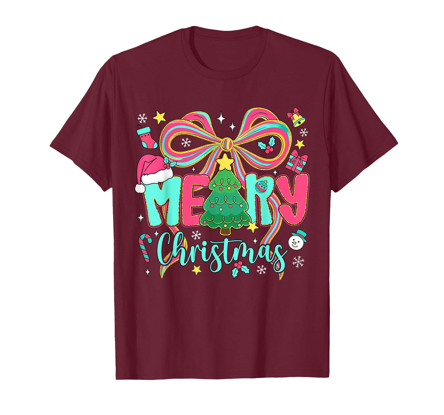 Preppy Merry Christmas Coquette Bow Pink Christmas Tree Girl T-Shirt