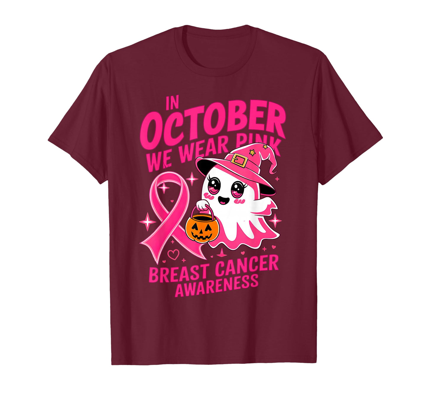 in October We Wear Pink Kawaii Ghost Breast Cancer Awareness T-Shirt