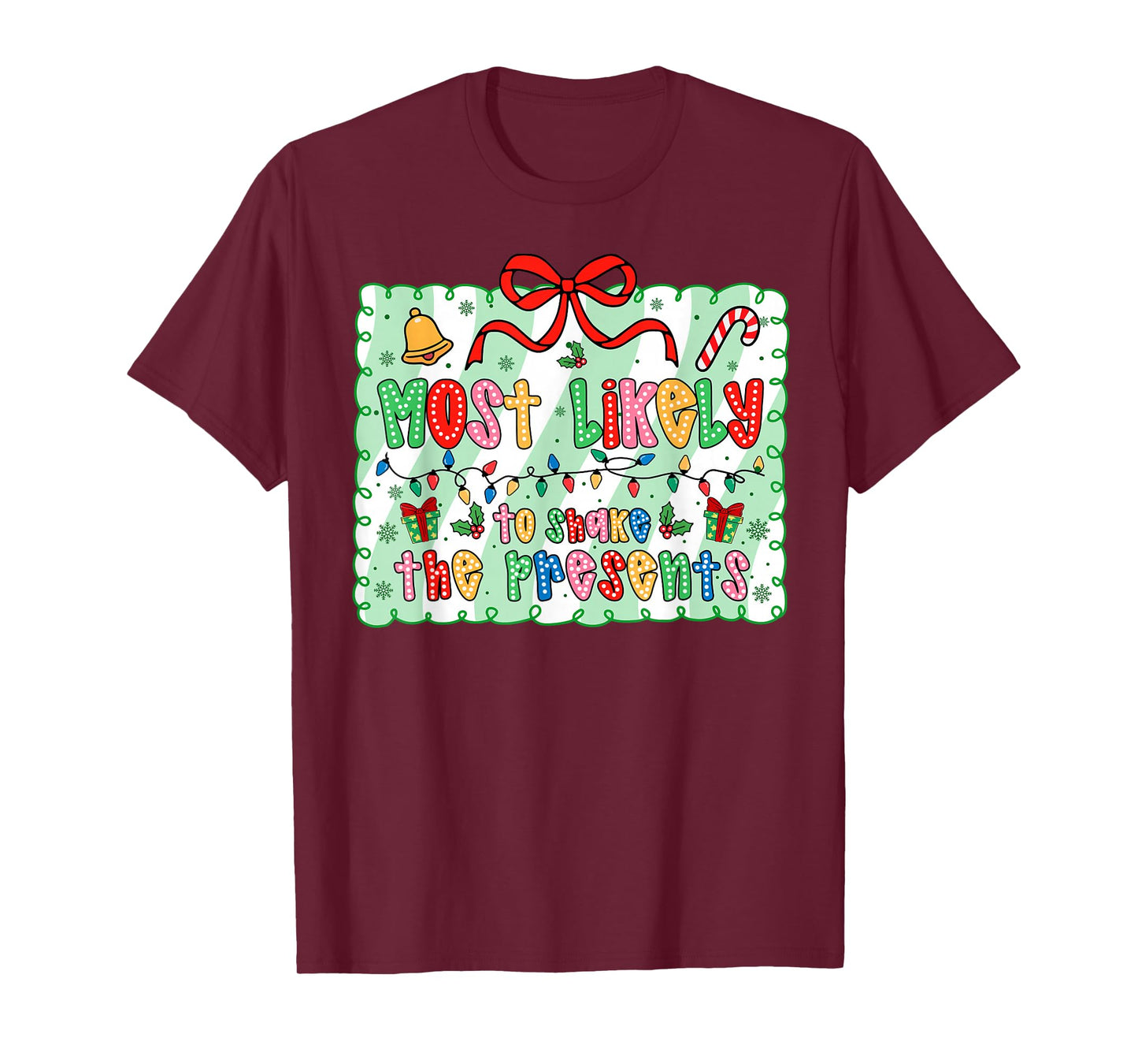 Most Likely to Shake The Presents Coquette Bow Xmas T-Shirt