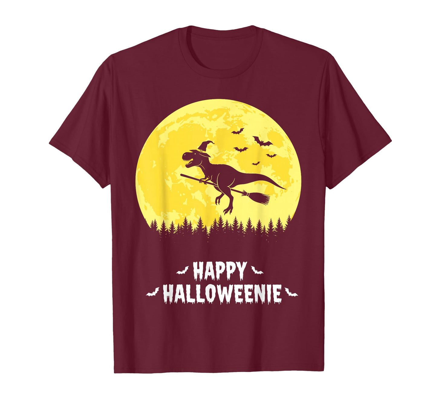 Happy Halloweenie Funny Dinosaur T Rex Flying Witch T-Shirt
