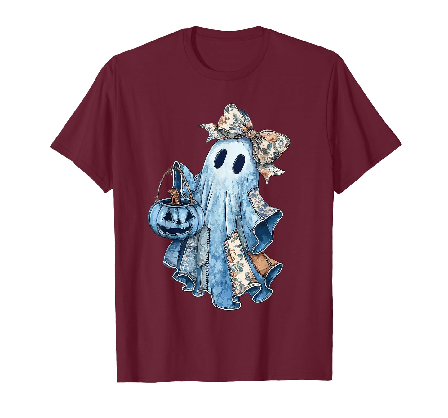 Halloween Blue Denim Boo Ghost Floral Coquette Bow Pumpkin T-Shirt