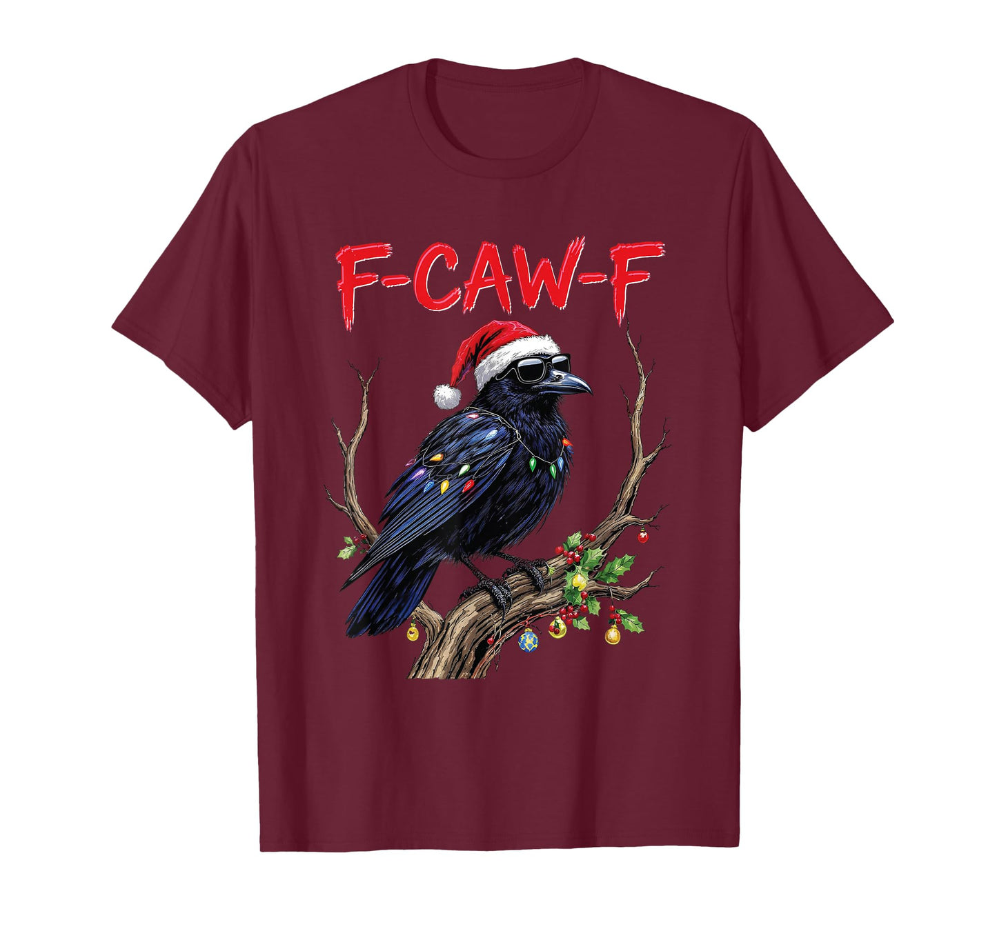 Black Crow F-Caw-F Funny Retro Christmas Lights Santa hat T-Shirt