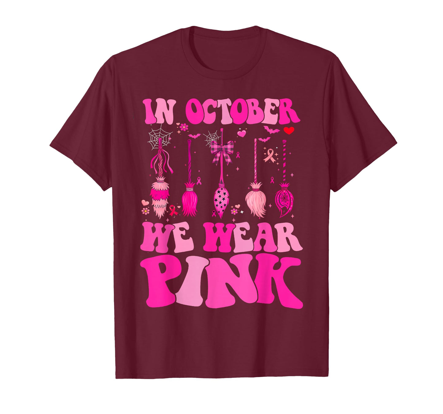 in October We Wear Pink Witch Broom Breast Cancer Awareness T-Shirt