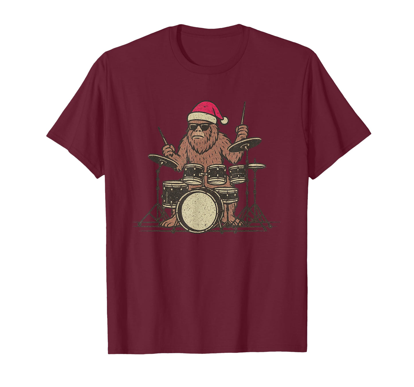 Sasquatch Playing Drums Christmas Vintage Drummer Xmas T-Shirt