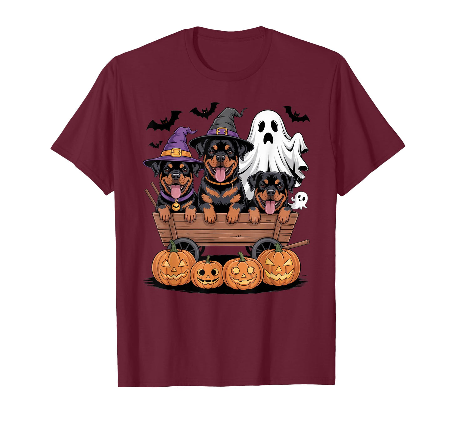 Rottweiler Halloween Wagon Witch Hats Ghost Pumpkins Spooky T-Shirt