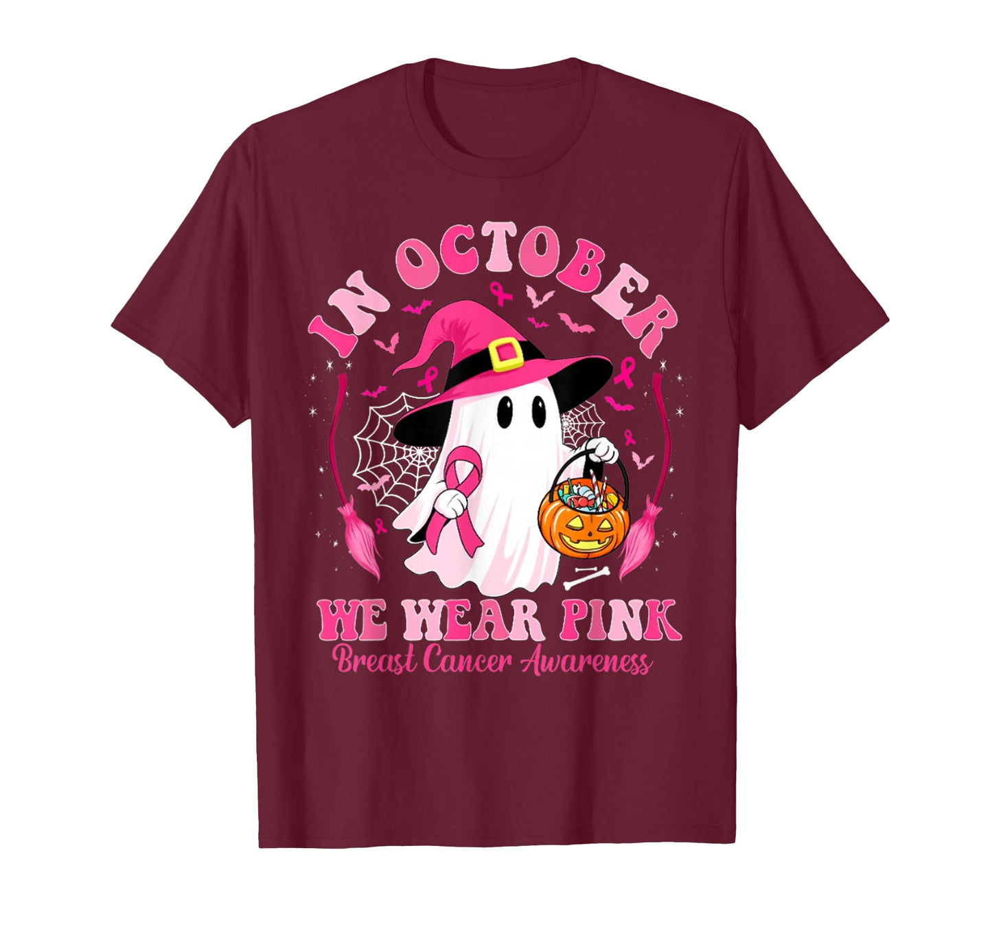 in October We Wear Pink Ghost Witch Breast Cancer Awareness T-Shirt