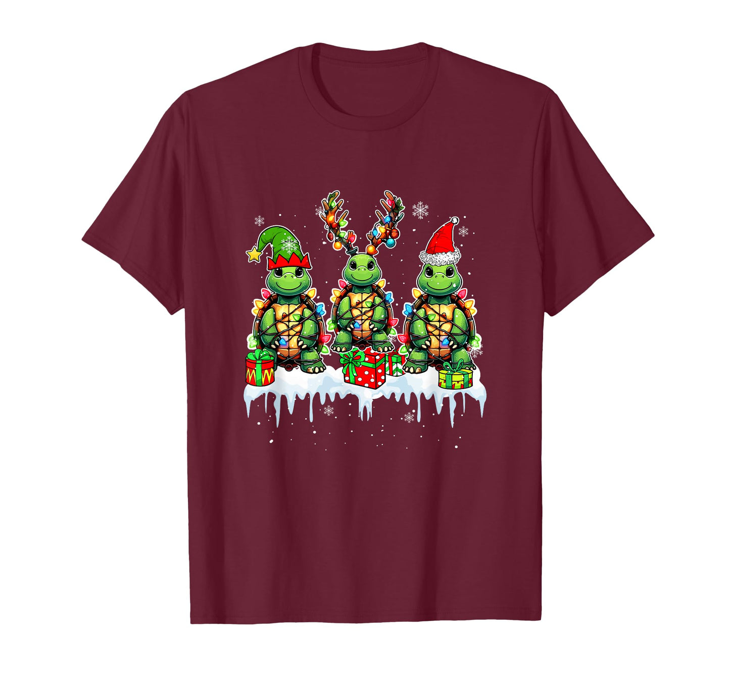 Three Santa Reindeer Elf Turtles Christmas Colorful Lights T-Shirt