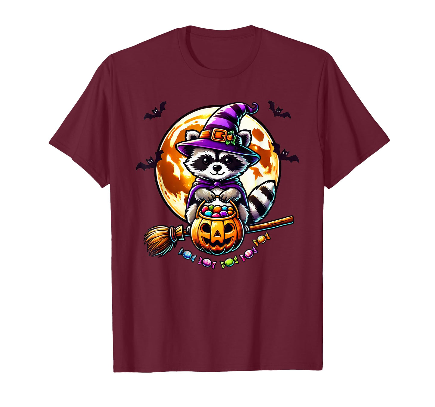 Cute Raccoon Witch Hat Pumpkin Halloween T-Shirt