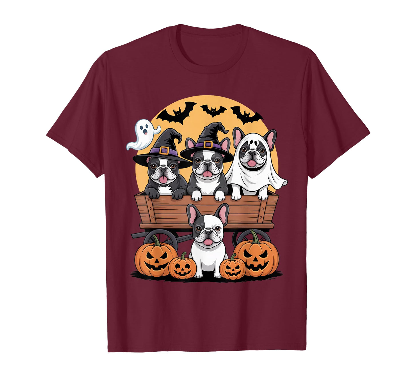 French Bulldog Halloween Wagon Witch Hats Bats Pumpkins T-Shirt