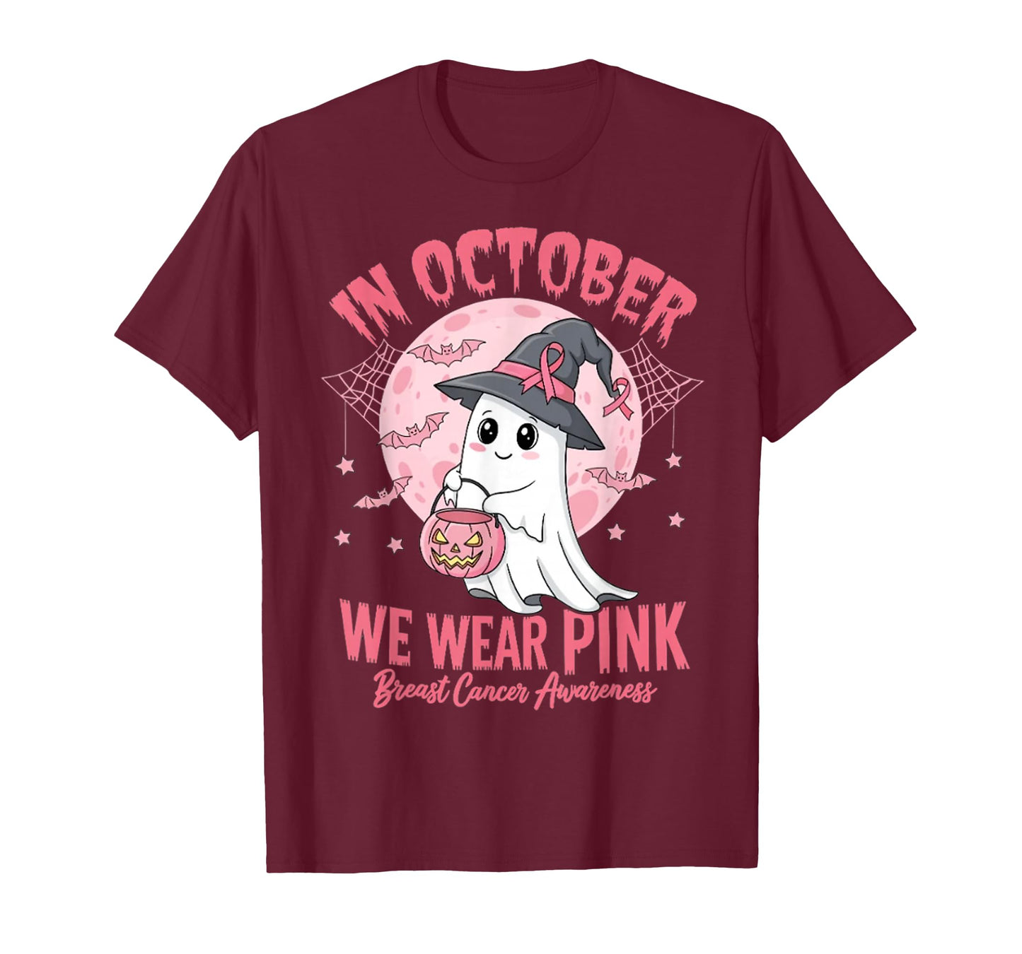 in October We Wear Pink Ghost Witch Breast Cancer Awareness T-Shirt