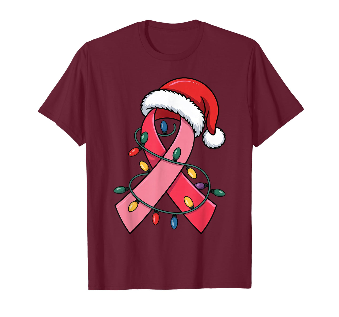 Pink Ribbon with Santa Hat Xmas Lights Breast Cancer Warrior T-Shirt