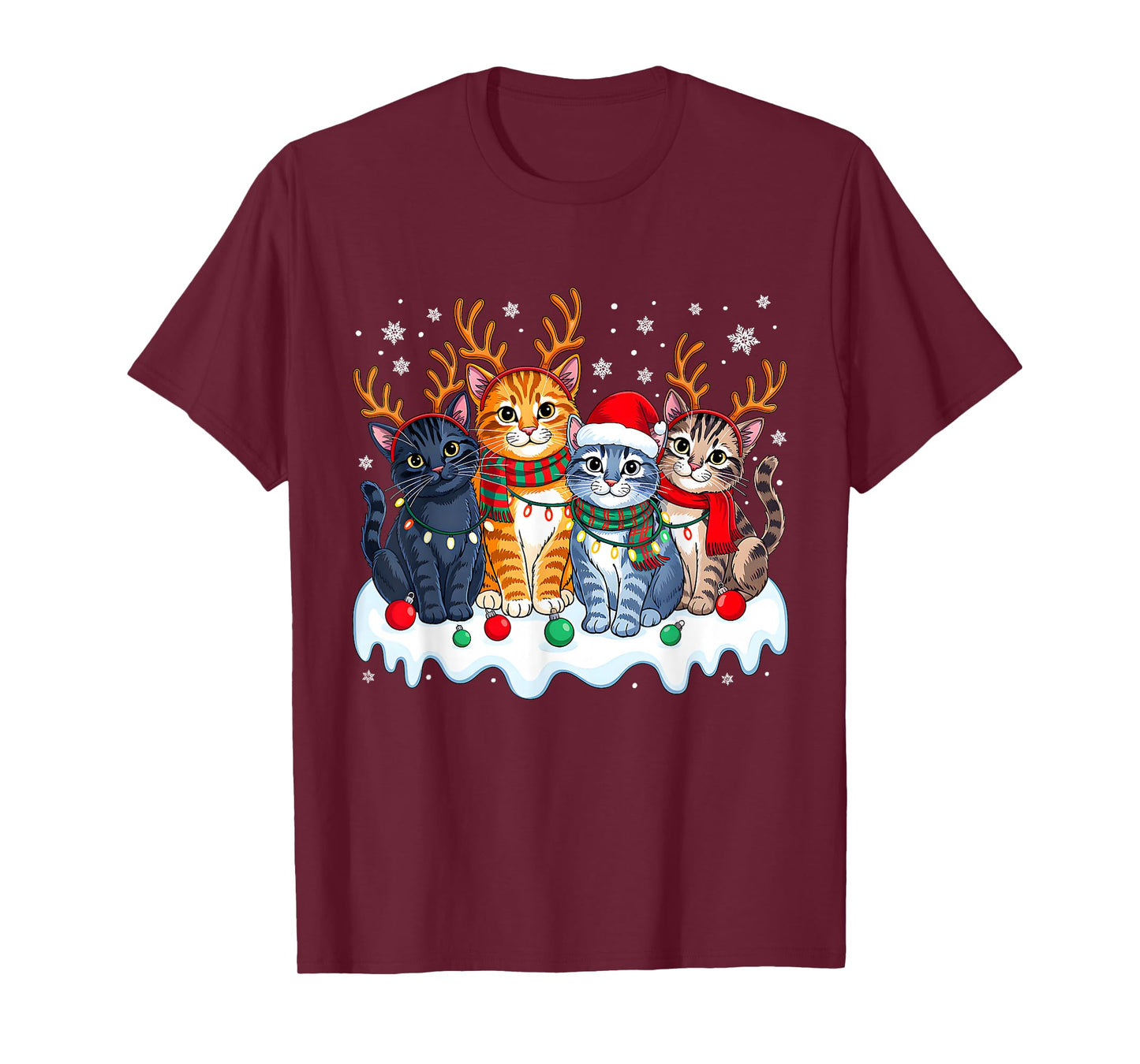 Cat Christmas Light Reindeer Santa Christmas Funny Cat Lover T-Shirt