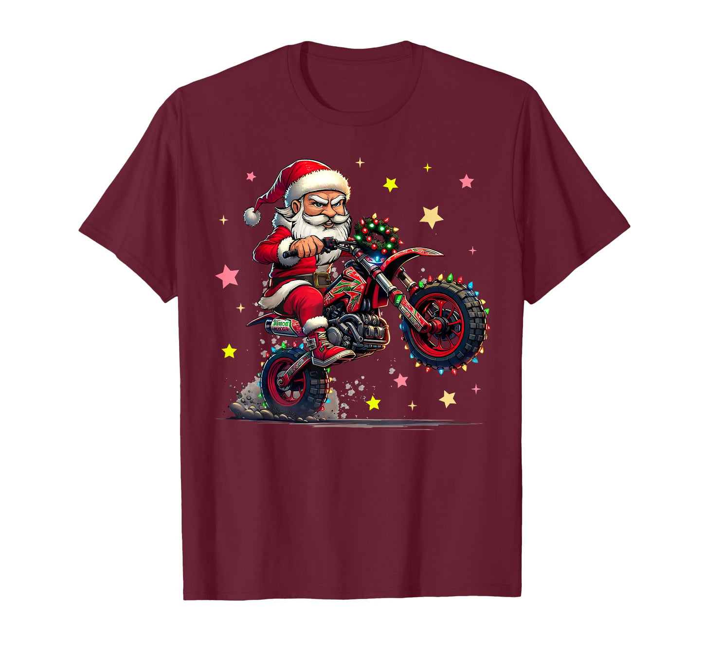 Santa Claus is Riding A Dirt Bike with Christmas Lights Xmas T-Shirt