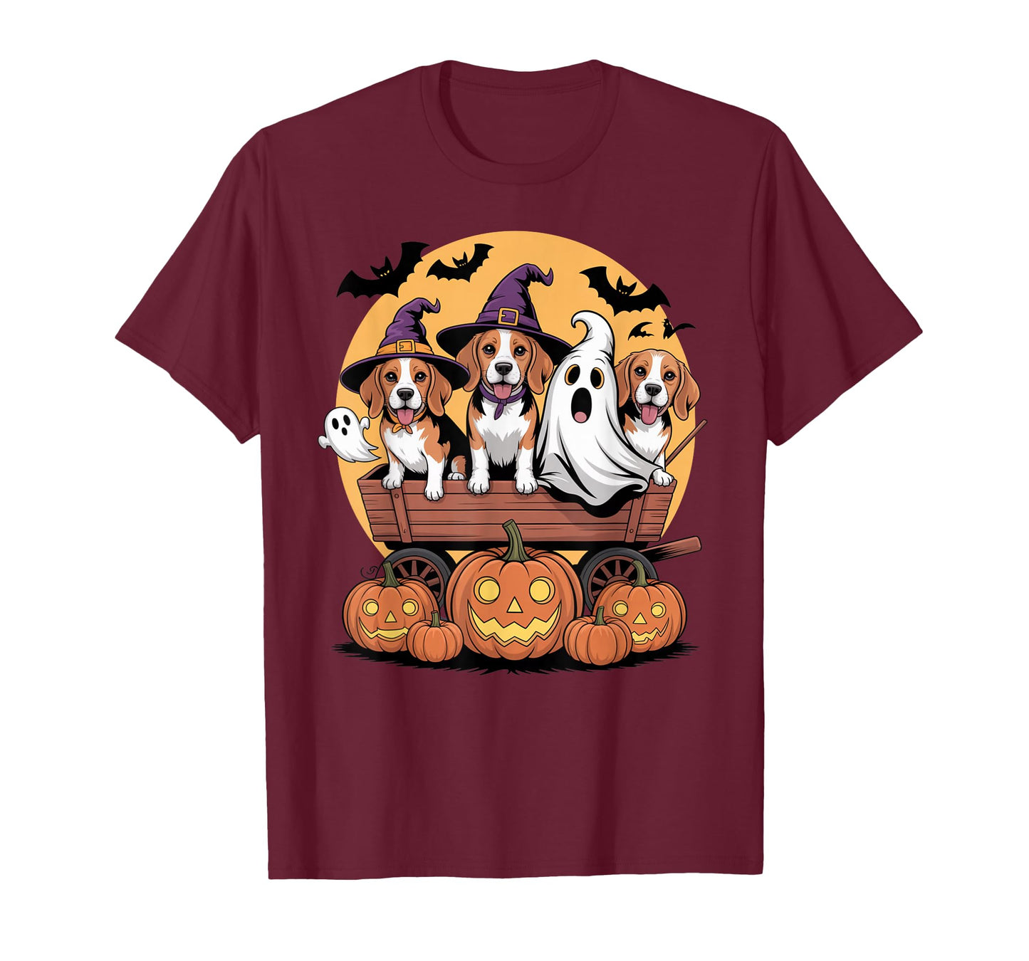 Beagle Halloween Wagon Witch Hats Ghost Bats Pumpkins Funny T-Shirt