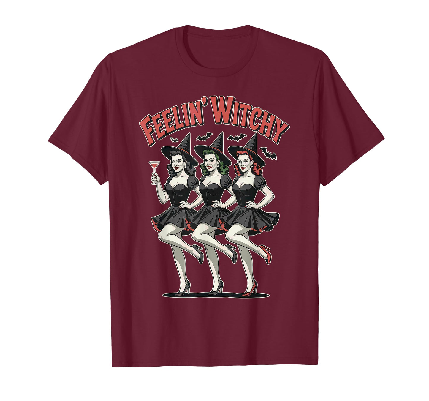 Cute Funny Feelin Witchy Halloween Witches with Bats T-Shirt