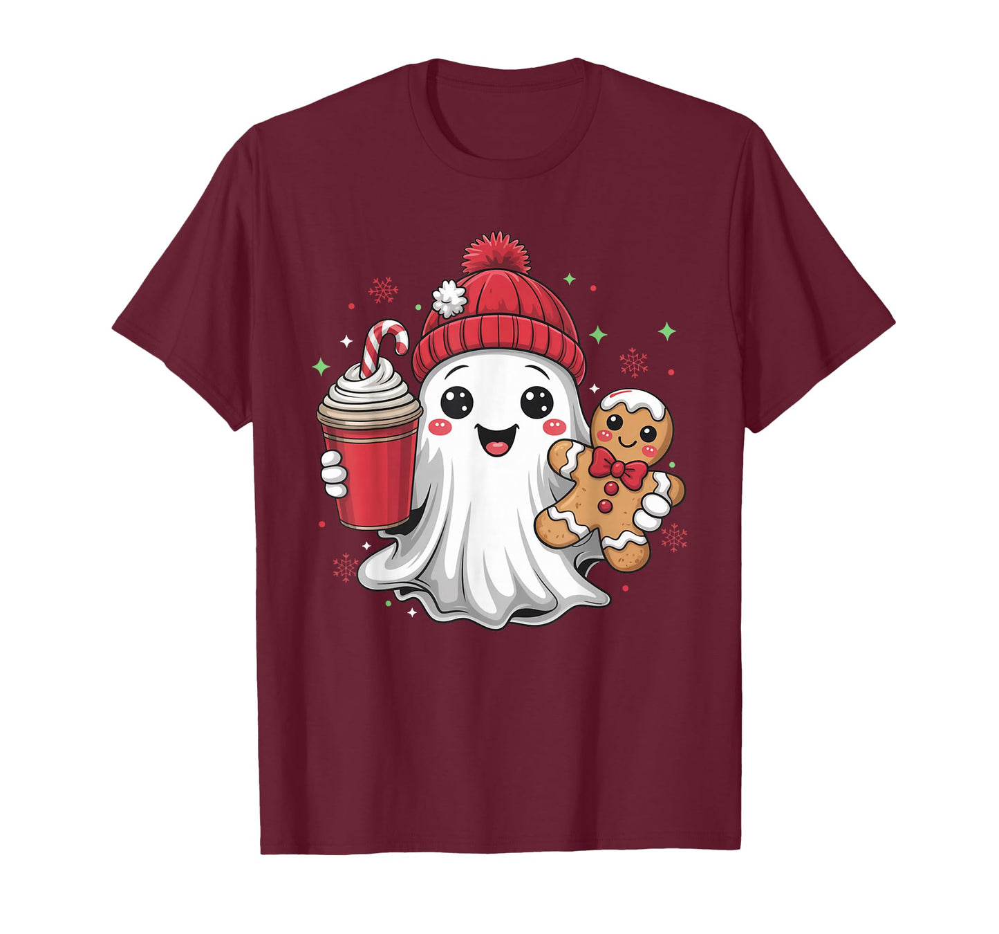Retro Ghost Beanie Christmas Holiday Xmas Coffee Gingerbread T-Shirt