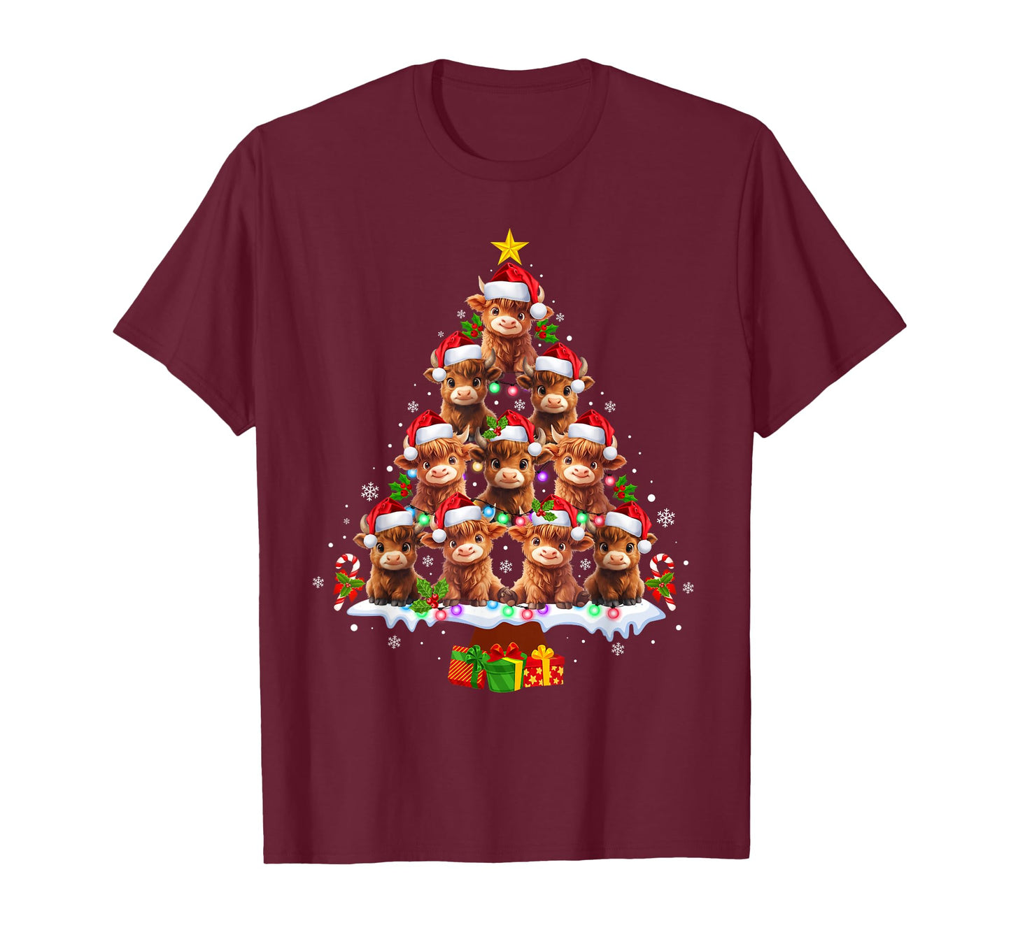 Scottish Highland Cow Christmas Tree Lights Xmas Pajamas T-Shirt