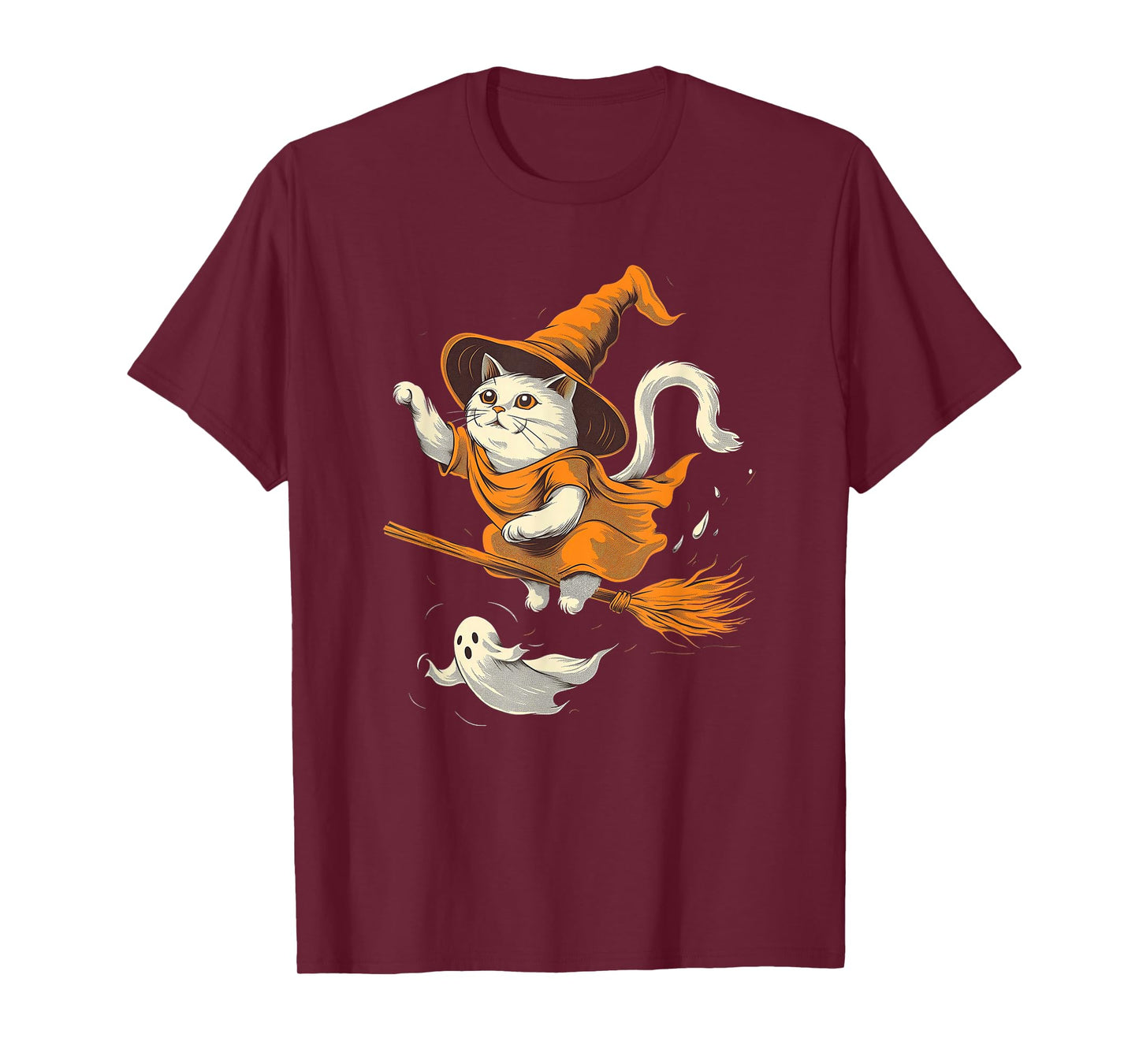 Witchy Cat on a Broomstick with Ghost Halloween T-Shirt