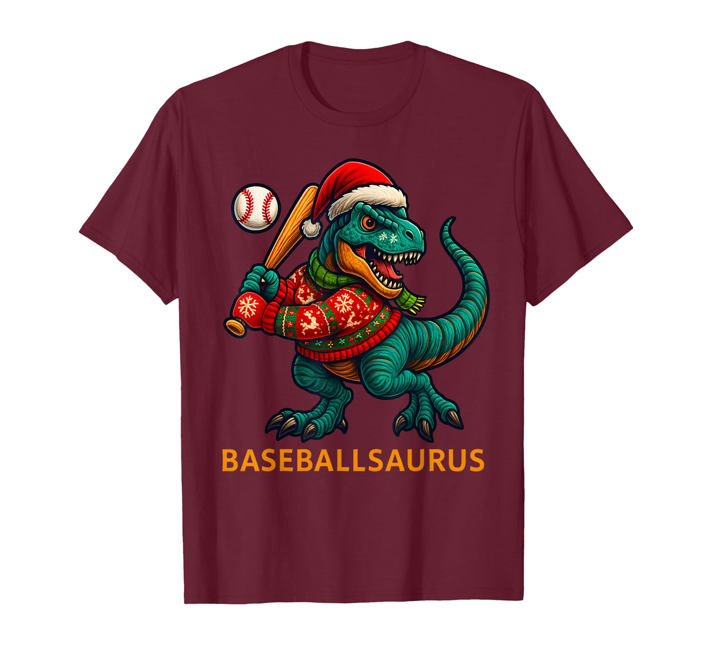 Funny Dinosaur Baseballsaurus T-Rex Baseball Christmas T-Shirt