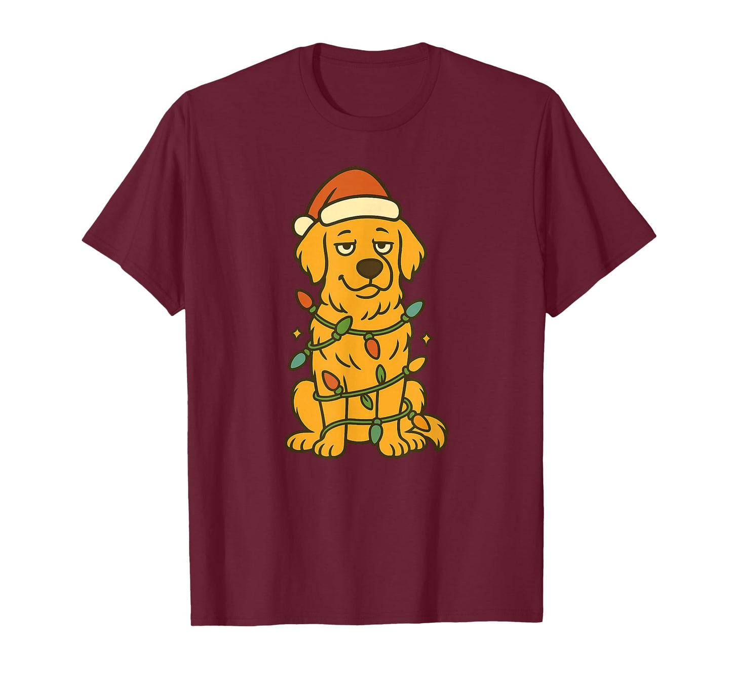 Cute Christmas Golden Retriever Cartoon Style Lights T-Shirt