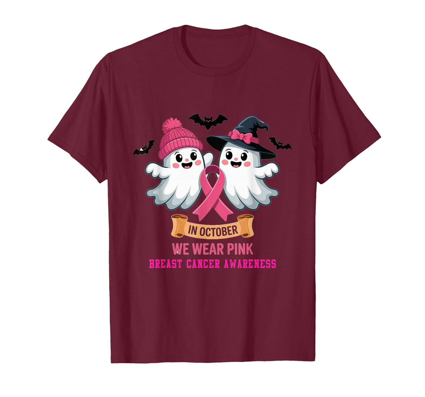 in October We Wear Pink Ghost Witch Breast Cancer Awareness T-Shirt