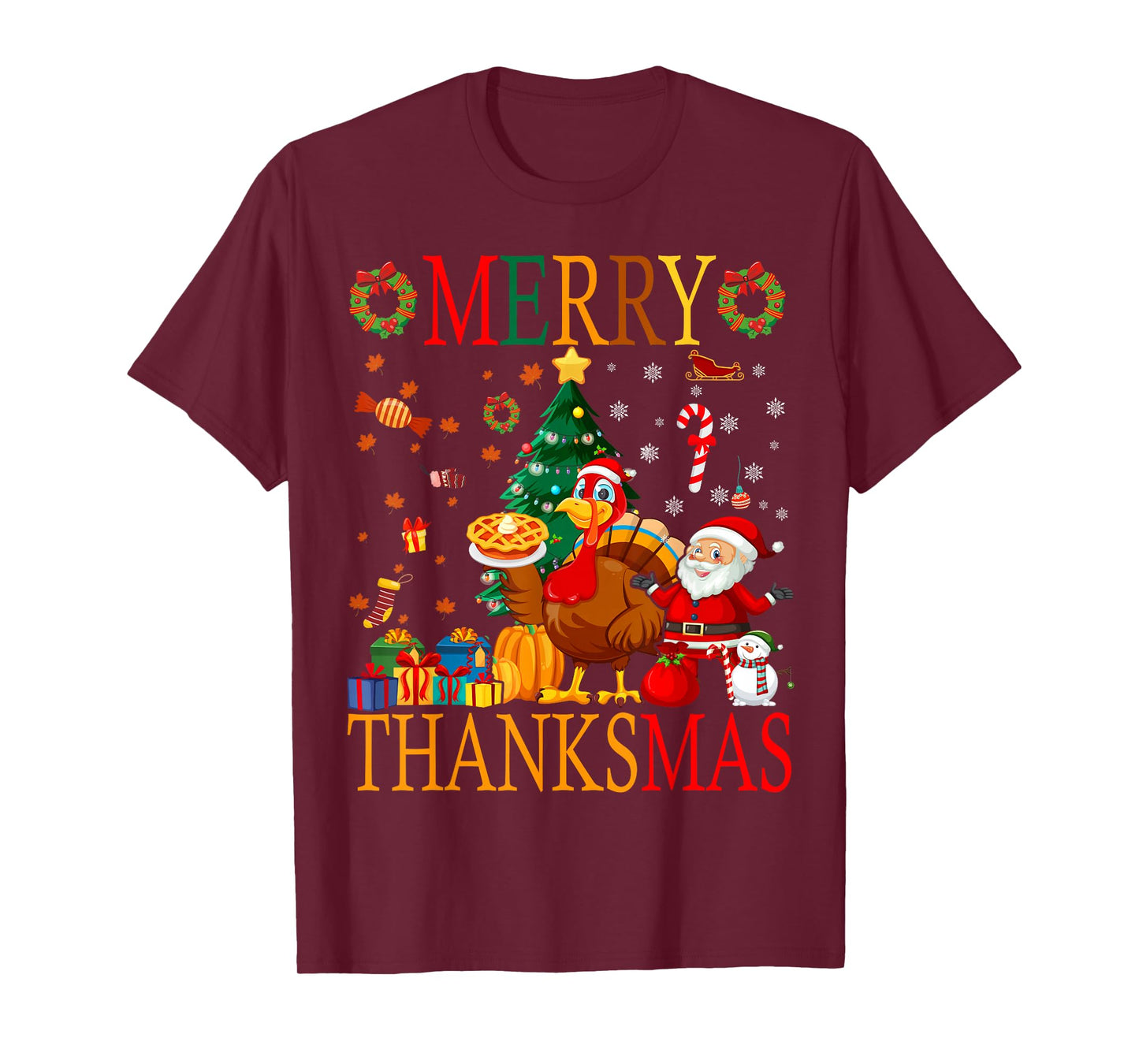 Funny Merry Thanksmas Pumpkin Turkey Thanksgiving Christmas T-Shirt